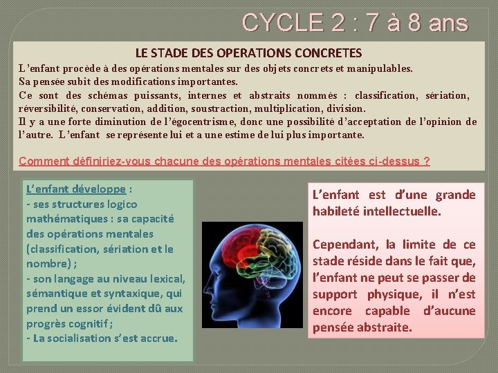 CYCLE 2 : 7 à 8 ans LE STADE DES OPERATIONS CONCRETES L’enfant procède