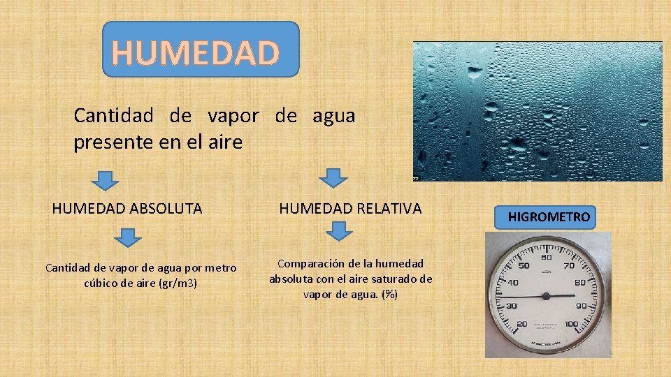 HUMEDAD Cantidad de vapor de agua presente en el aire HUMEDAD ABSOLUTA Cantidad de