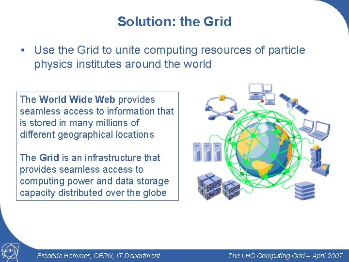 Solution: the Grid • Use the Grid to unite computing resources of particle physics
