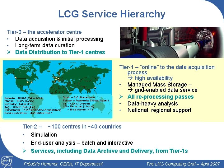 LCG Service Hierarchy Tier-0 – the accelerator centre • Data acquisition & initial processing