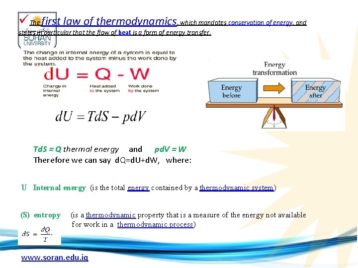 üThe first law of thermodynamics, which mandates conservation of energy, and states in particular