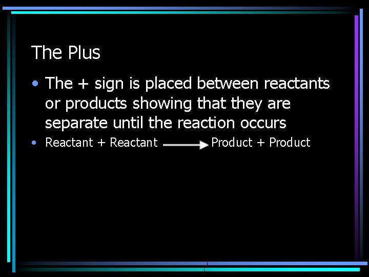 The Plus • The + sign is placed between reactants or products showing that