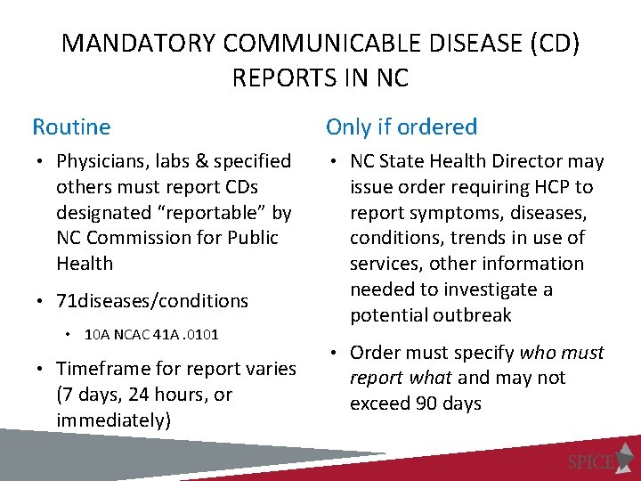 MANDATORY COMMUNICABLE DISEASE (CD) REPORTS IN NC Routine Only if ordered • Physicians, labs