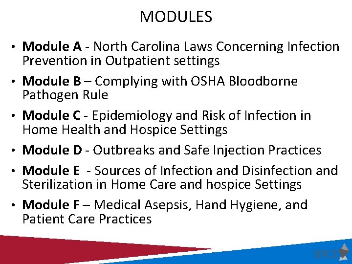MODULES • Module A - North Carolina Laws Concerning Infection • • • Prevention