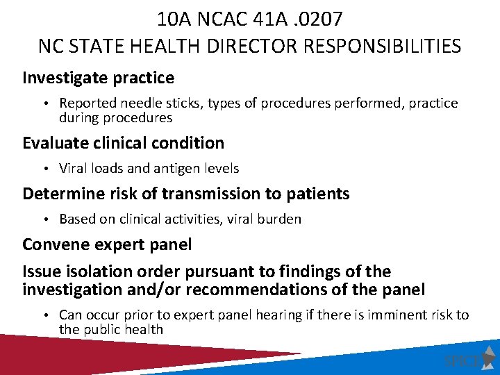 10 A NCAC 41 A. 0207 NC STATE HEALTH DIRECTOR RESPONSIBILITIES Investigate practice •
