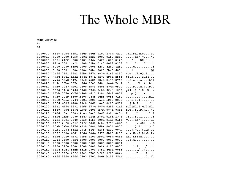 The Whole MBR >fdisk /dev/hda >x >d 0000000: 0000010: 0000020: 0000030: 0000040: 0000050: 0000060: