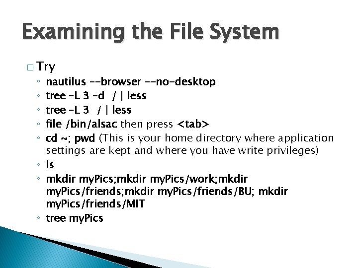 Examining the File System � Try nautilus –-browser –-no-desktop tree –L 3 –d /