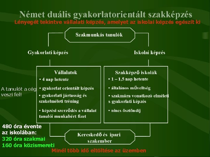 Lényegét tekintve vállalati képzés, amelyet az iskolai képzés egészít ki A tanulót a cég