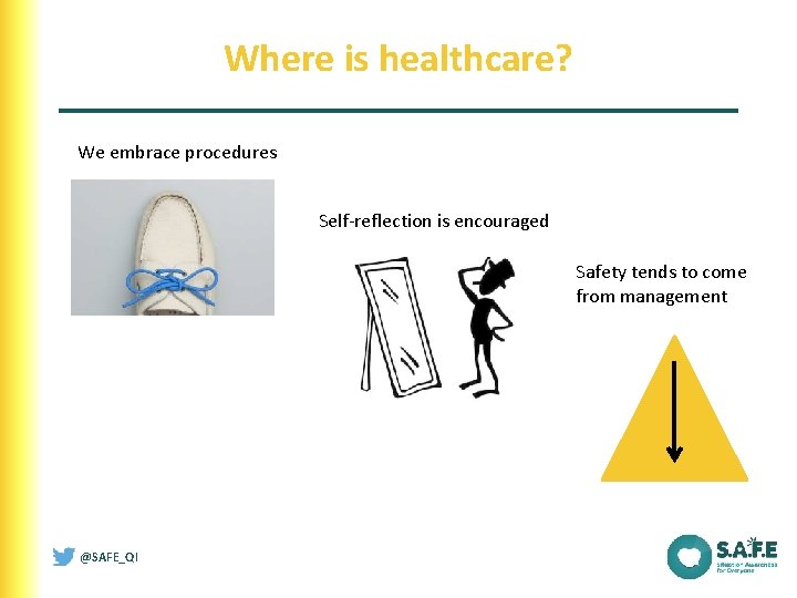 Where is healthcare? We embrace procedures Self-reflection is encouraged Safety tends to come from