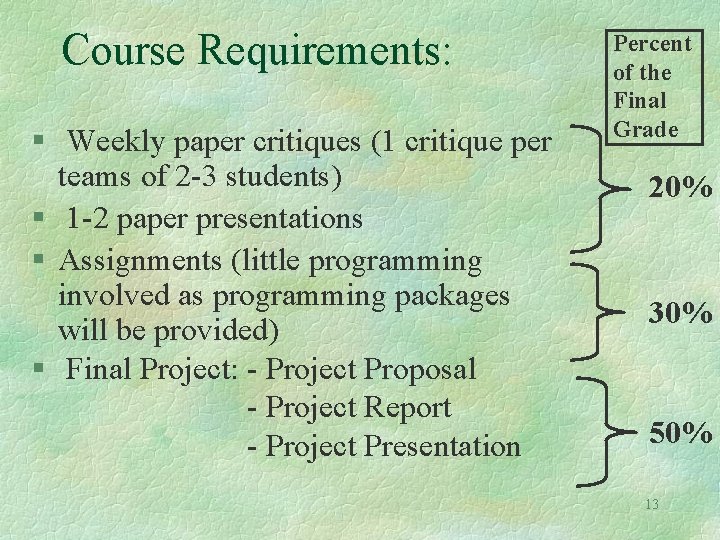 Course Requirements: § Weekly paper critiques (1 critique per teams of 2 -3 students)