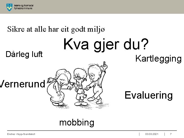 Sikre at alle har eit godt miljø Dårleg luft Kva gjer du? Kartlegging Vernerunde