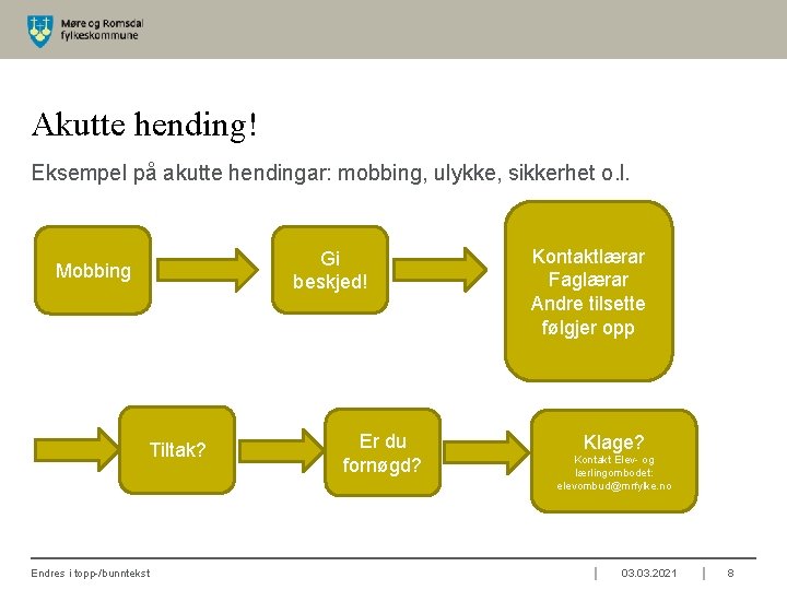 Akutte hending! Eksempel på akutte hendingar: mobbing, ulykke, sikkerhet o. l. Gi beskjed! Mobbing