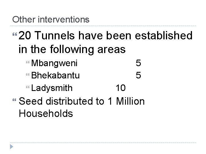 Other interventions 20 Tunnels have been established in the following areas Mbangweni 5 5