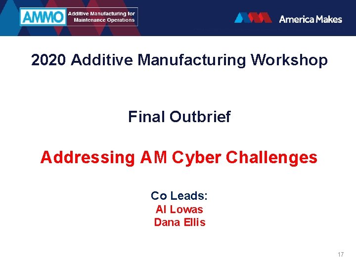 2020 Additive Manufacturing Workshop Final Outbrief Addressing AM Cyber Challenges Co Leads: Al Lowas