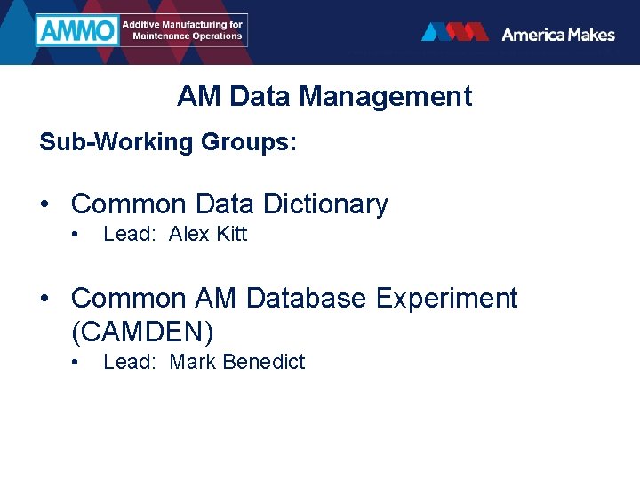 AM Data Management Sub-Working Groups: • Common Data Dictionary • Lead: Alex Kitt •