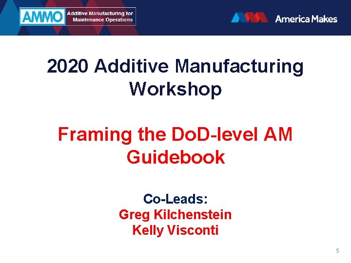 2020 Additive Manufacturing Workshop Framing the Do. D-level AM Guidebook Co-Leads: Greg Kilchenstein Kelly