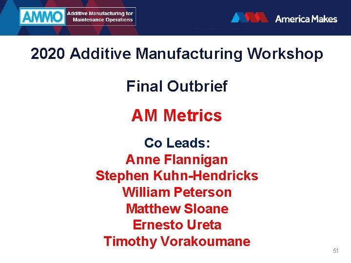 2020 Additive Manufacturing Workshop Final Outbrief AM Metrics Co Leads: Anne Flannigan Stephen Kuhn-Hendricks