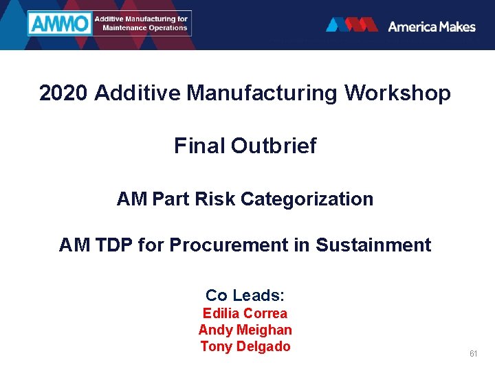 2020 Additive Manufacturing Workshop Final Outbrief AM Part Risk Categorization AM TDP for Procurement