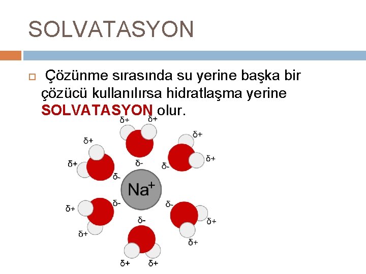 SOLVATASYON Çözünme sırasında su yerine başka bir çözücü kullanılırsa hidratlaşma yerine SOLVATASYON olur. 