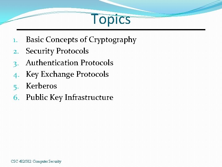 Topics 1. 2. 3. 4. 5. 6. Basic Concepts of Cryptography Security Protocols Authentication