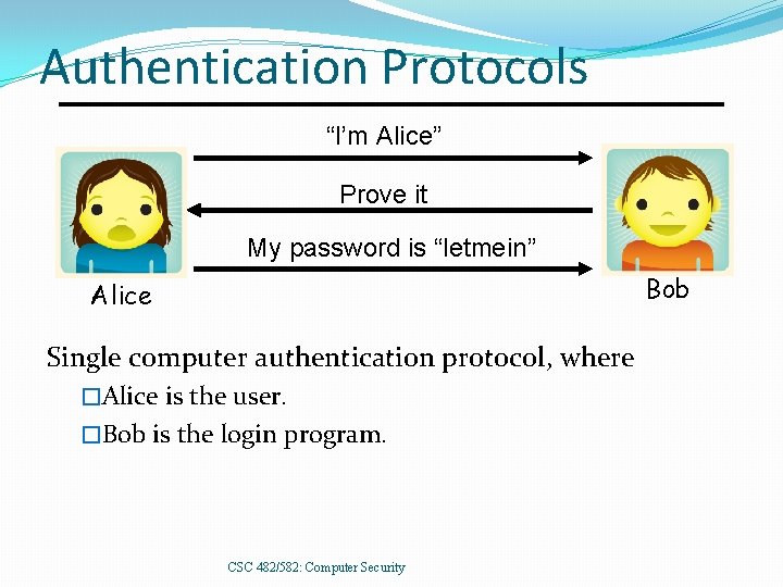 Authentication Protocols “I’m Alice” Prove it My password is “letmein” Bob Alice Single computer