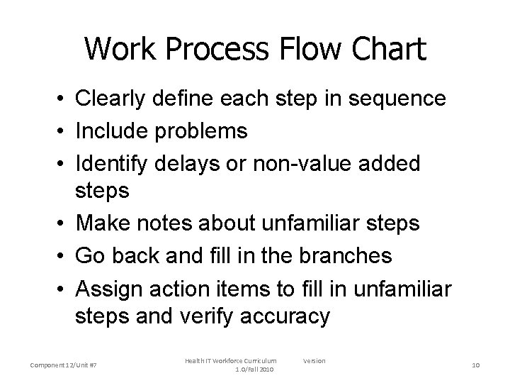Work Process Flow Chart • Clearly define each step in sequence • Include problems