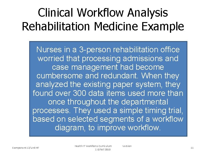 Clinical Workflow Analysis Rehabilitation Medicine Example Nurses in a 3 -person rehabilitation office worried