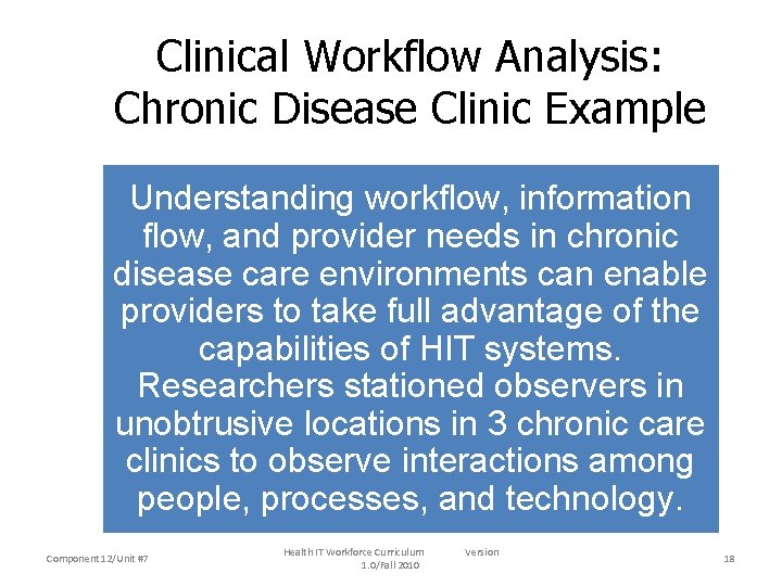 Clinical Workflow Analysis: Chronic Disease Clinic Example Understanding workflow, information flow, and provider needs