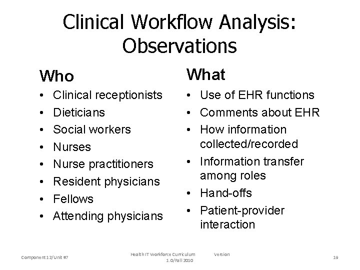 Clinical Workflow Analysis: Observations Who What • • • Use of EHR functions •