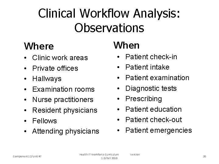 Clinical Workflow Analysis: Observations When Where • • Clinic work areas Private offices Hallways