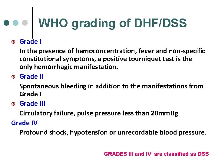 WHO grading of DHF/DSS Grade I In the presence of hemoconcentration, fever and non-specific