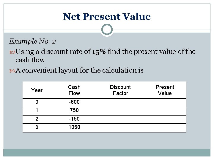 Net Present Value Example No. 2 Using a discount rate of 15% find the