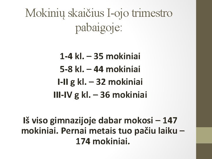 Mokinių skaičius I-ojo trimestro pabaigoje: 1 -4 kl. – 35 mokiniai 5 -8 kl.