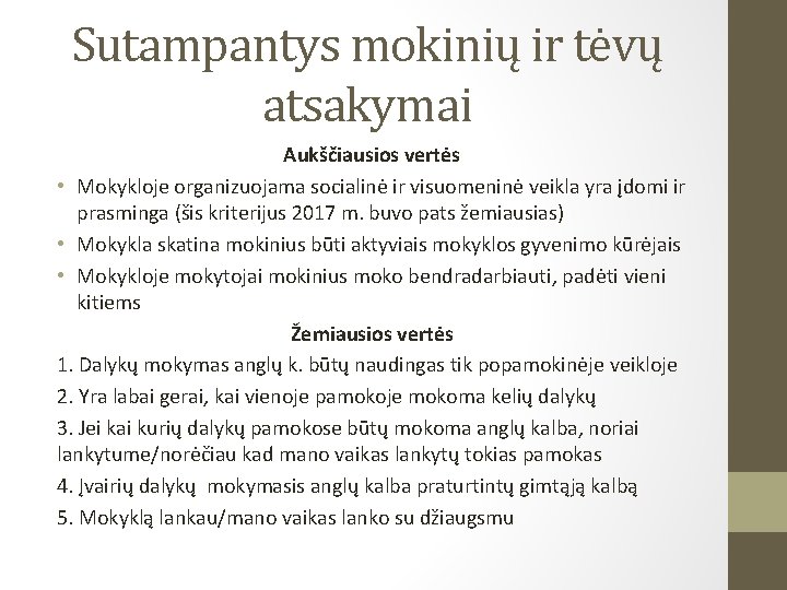 Sutampantys mokinių ir tėvų atsakymai Aukščiausios vertės • Mokykloje organizuojama socialinė ir visuomeninė veikla