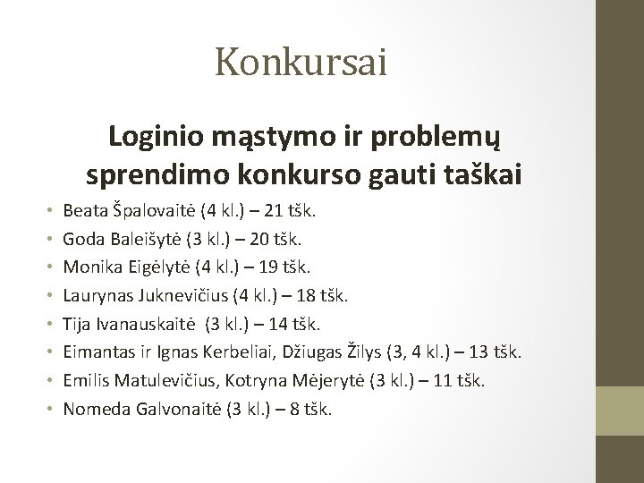 Konkursai Loginio mąstymo ir problemų sprendimo konkurso gauti taškai • • Beata Špalovaitė (4