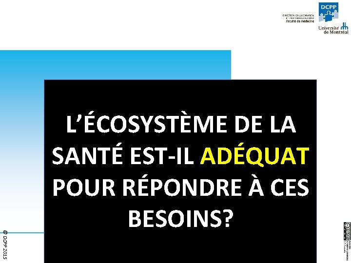 © DCPP 2015 L’ÉCOSYSTÈME DE LA SANTÉ EST-IL ADÉQUAT POUR RÉPONDRE À CES BESOINS?