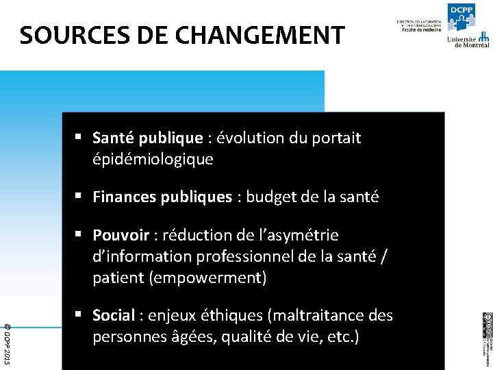 SOURCES DE CHANGEMENT § Santé publique : évolution du portait épidémiologique § Finances publiques