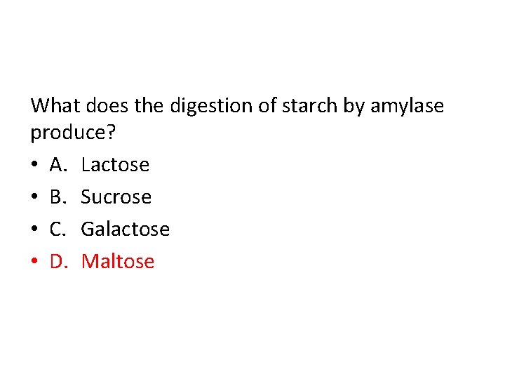 What does the digestion of starch by amylase produce? • A. Lactose • B.