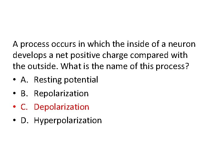 A process occurs in which the inside of a neuron develops a net positive