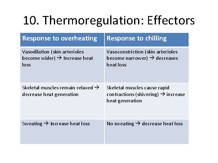 10. Thermoregulation: Effectors Response to overheating Response to chilling Vasodilation (skin arterioles become wider)