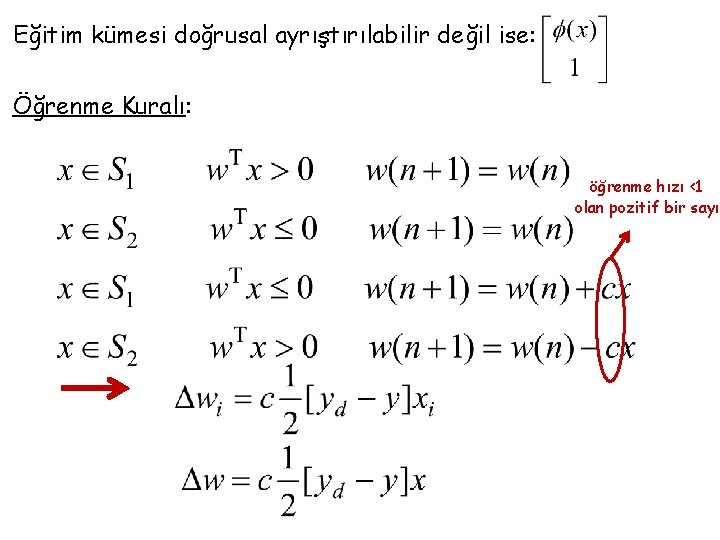 Eğitim kümesi doğrusal ayrıştırılabilir değil ise: Öğrenme Kuralı: öğrenme hızı <1 olan pozitif bir