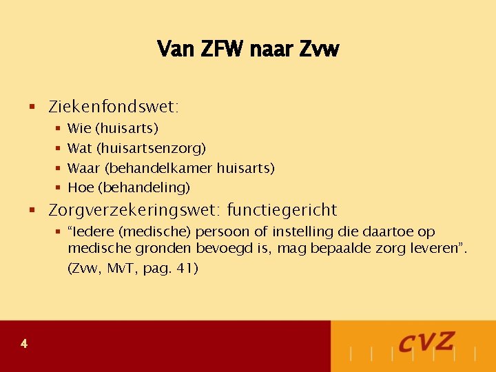 Van ZFW naar Zvw § Ziekenfondswet: § § Wie (huisarts) Wat (huisartsenzorg) Waar (behandelkamer