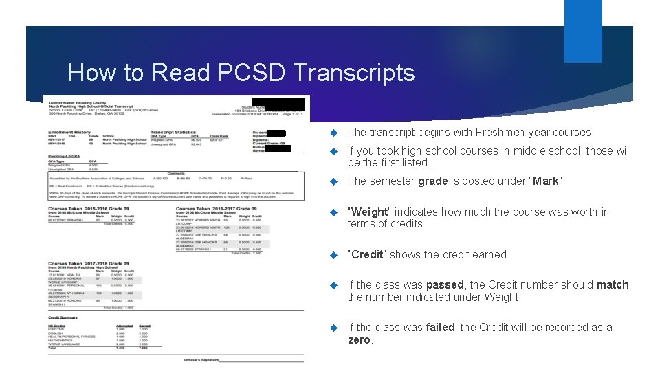 How to Read PCSD Transcripts The transcript begins with Freshmen year courses. If you
