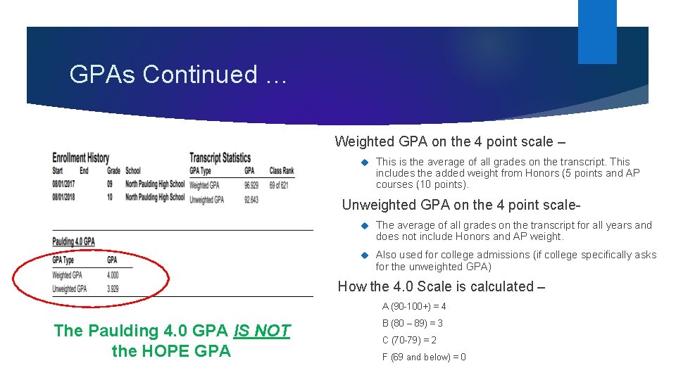 GPAs Continued … Weighted GPA on the 4 point scale – This is the GPAs Continued … Weighted GPA on the 4 point scale – This is the