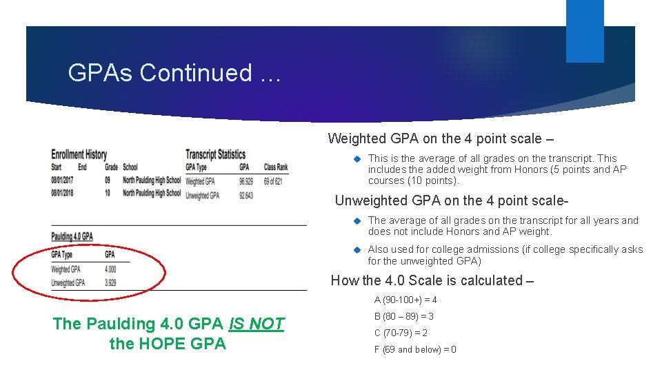 GPAs Continued … Weighted GPA on the 4 point scale – This is the