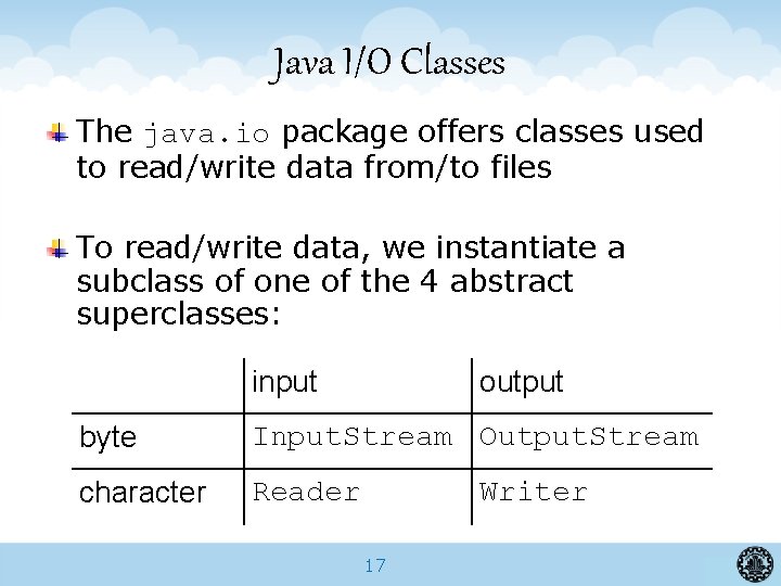 Java I/O Classes The java. io package offers classes used to read/write data from/to