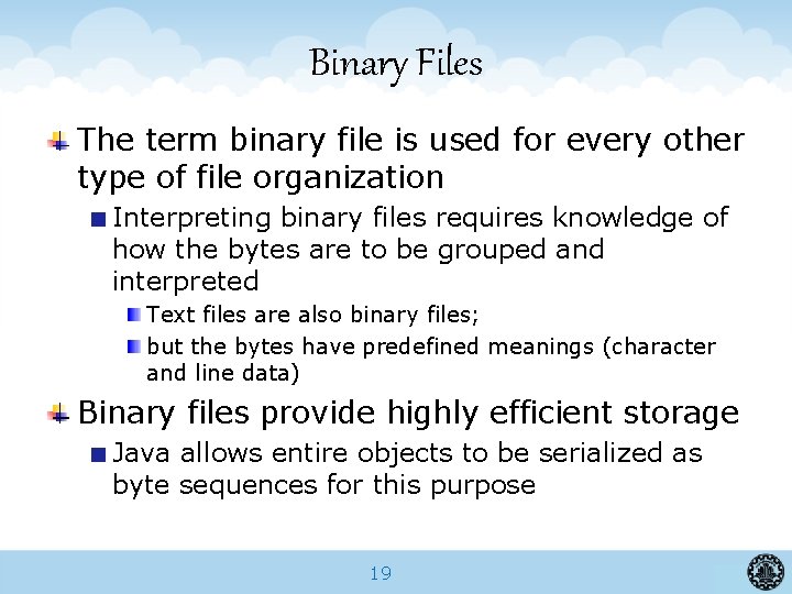 Binary Files The term binary file is used for every other type of file