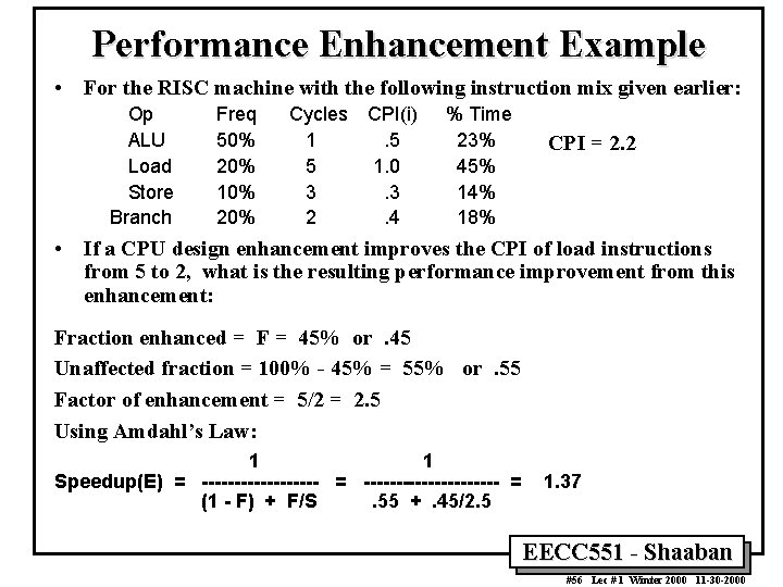 Performance Enhancement Example • For the RISC machine with the following instruction mix given Performance Enhancement Example • For the RISC machine with the following instruction mix given