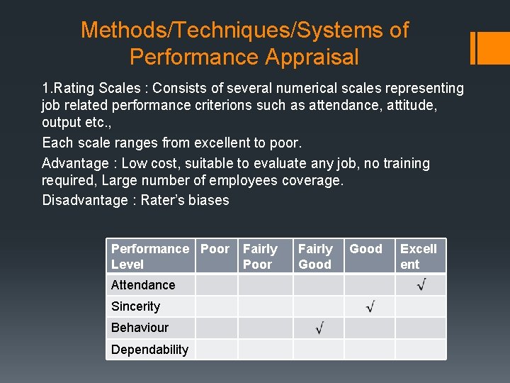 Methods/Techniques/Systems of Performance Appraisal 1. Rating Scales : Consists of several numerical scales representing