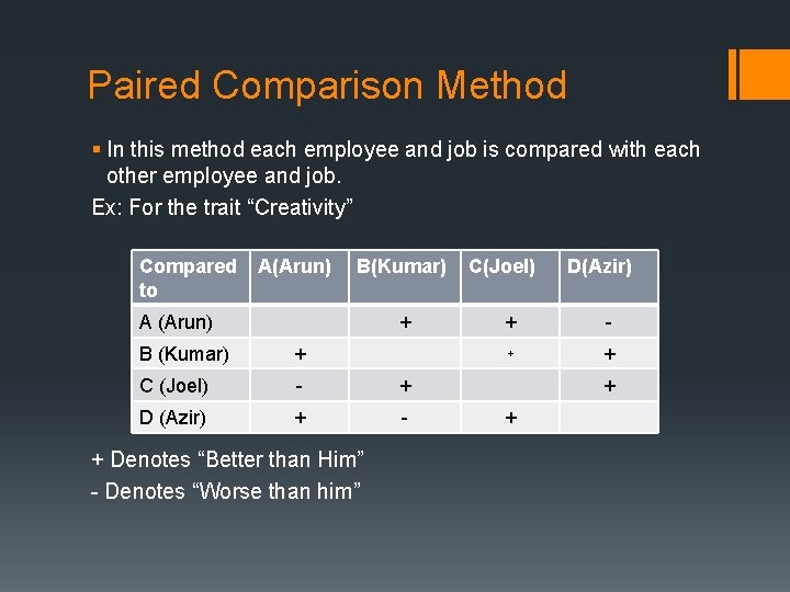 Paired Comparison Method § In this method each employee and job is compared with